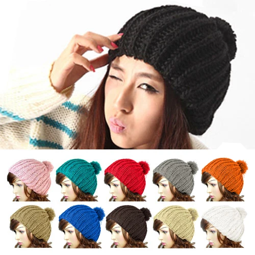 

10xFashion Style Women Ladies Wool Knit Knitted Beanie Vintage Bobble Winter Cap Pom Pom Hat Free Shipping