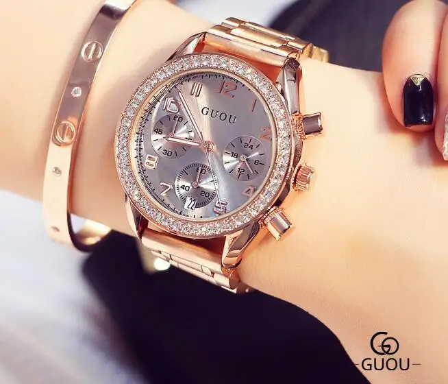 Модные брендовые женские роскошные Многофункциональные Часы Guou из нержавеющей стали с 3 глазками и шестью контактами из золота, кварцевые стразы, кварцевые наручные часы