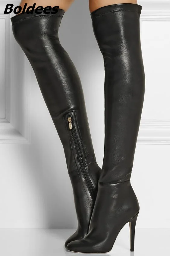 Women Chic Black Pu Leather Stiletto Heel Knee High Boots Simply Design Sexy Black Side Half Zip