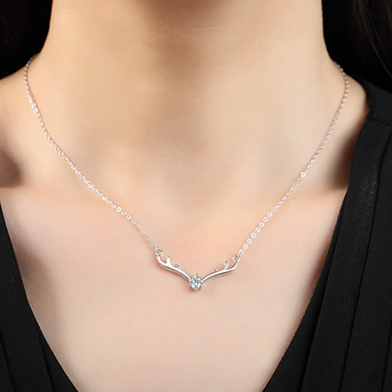 Zircon Elk Deer Horns Silver Color Necklace Pattern Trendy Cute Style Female Clavicle Chain Simple Accessory Christmas Gift | Украшения и
