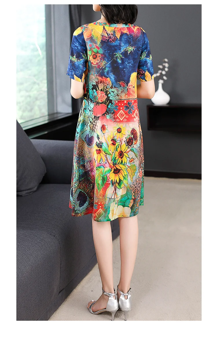 Azterumi летнее новое женское шелковое платье в национальном стиле с цветочным принтом, элегантные платья до колен с круглым вырезом и коротким рукавом