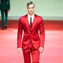 Красная атласная Жених Смокинги Slim Fit мужской костюм из 3 предметов(куртка+ брюки+ жилет+ галстук) жених выпускного вечера Masculino Trajes De Hombre Блейзер 182