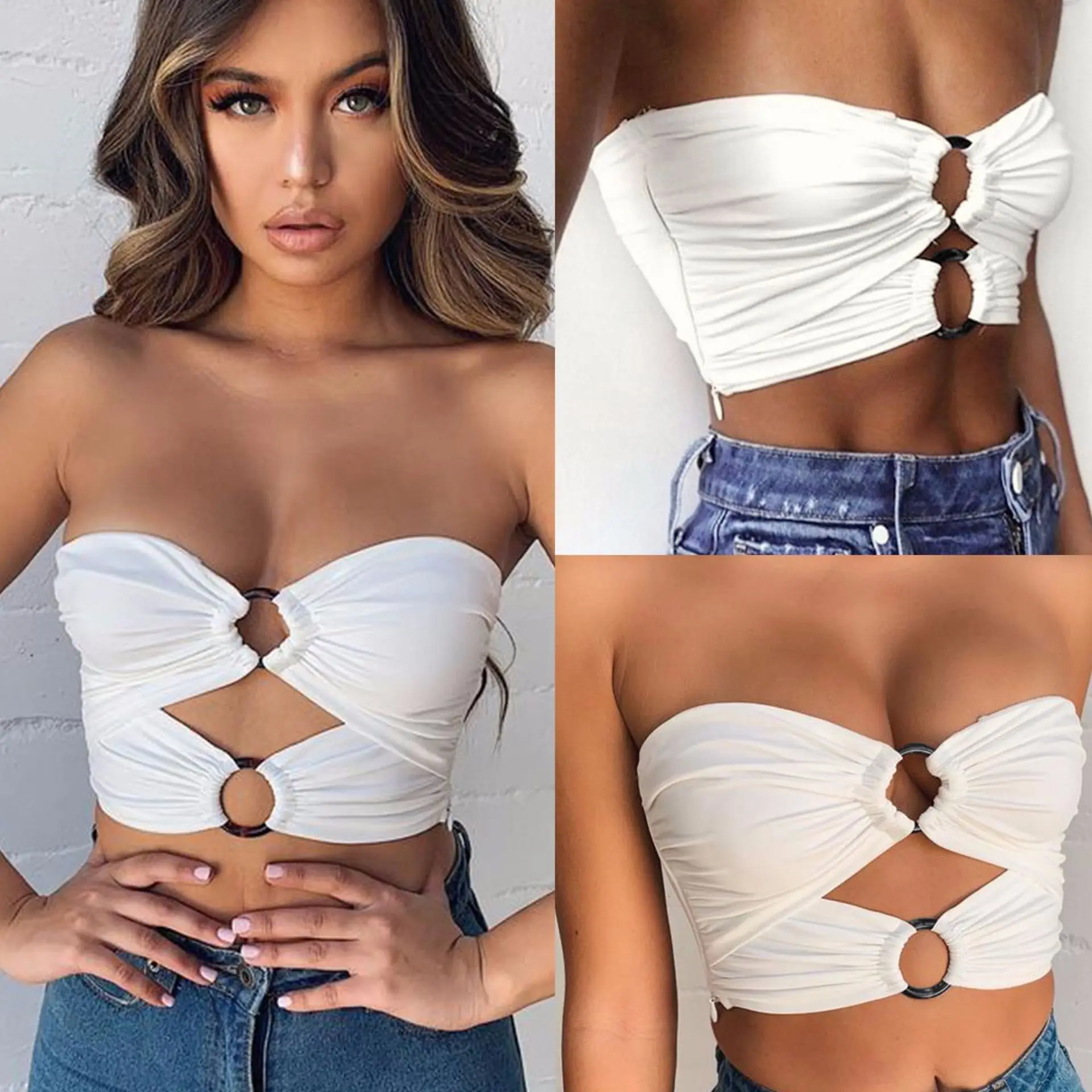 

2019 Hot Selling Women Sexy Bodycon Tops White Off Shoulder Sleeveless Hollow Out Crop Top Women Summer Tshirt Sexy Tops