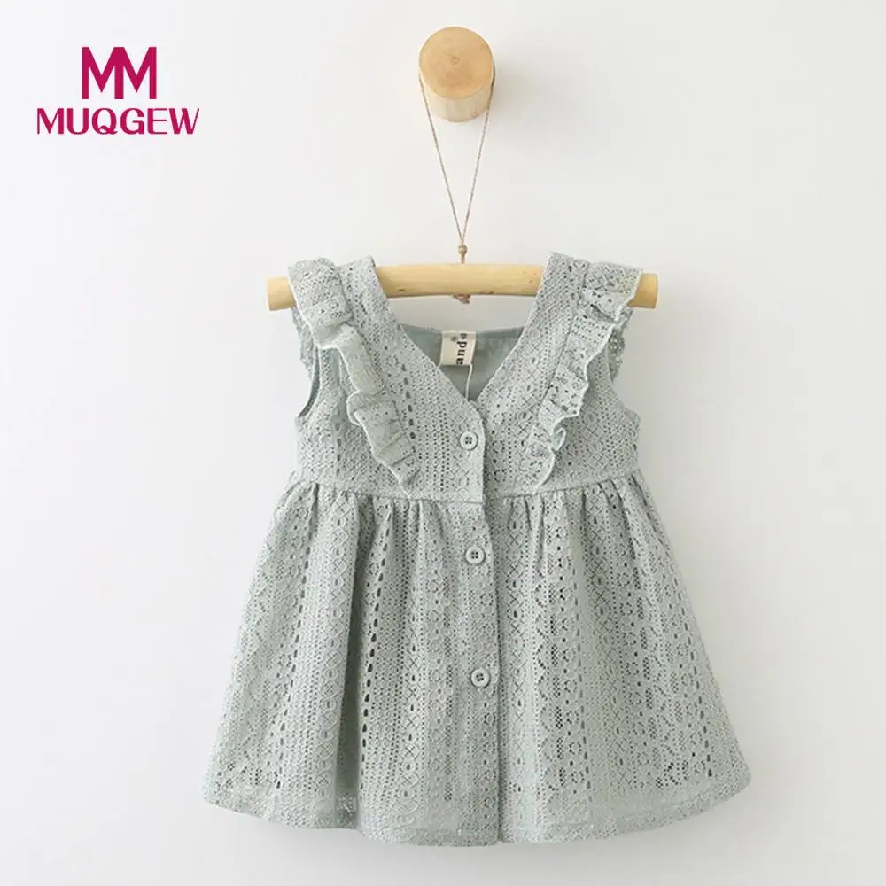 

MUQGEW Lace Ruffles Princess Girls Dress Children Infant Kids Fashion Button Hollow Out Dresses Casual Sleeveless V-Neck Dress