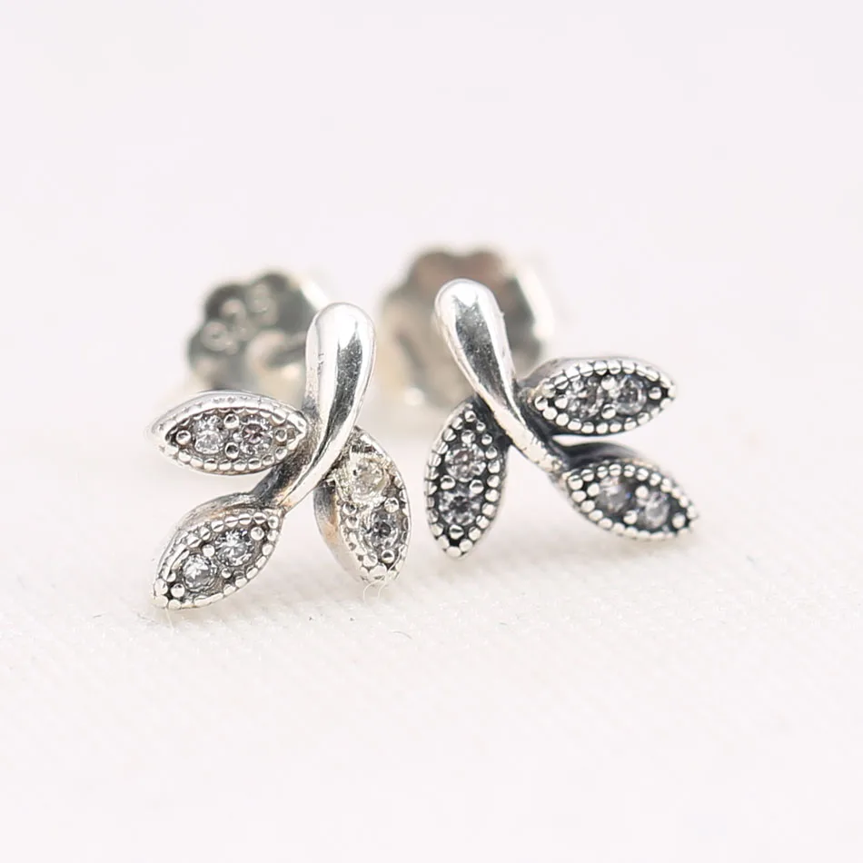

Authentic S925 Sterling Silver Women Jewelry Lady Earrings Girl Birthday Gift Little Twig Leaf Stud Earrings Clear CZ