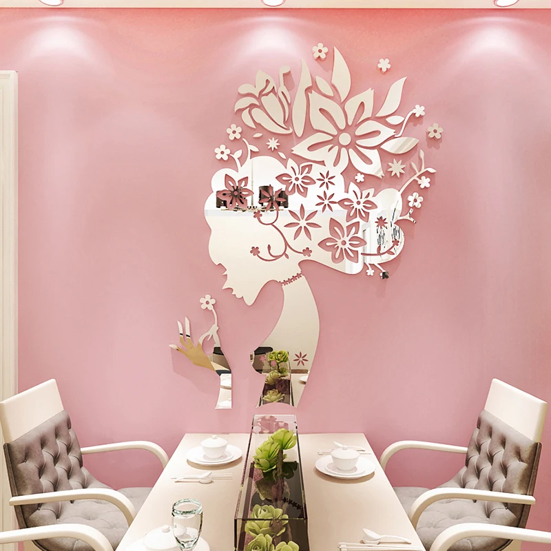 Креативная Цветочная фея акриловая 3d самоклеящаяся Настенная Наклейка для гостиной, спальни, салона красоты, декоративная зеркальная Настенная Наклейка