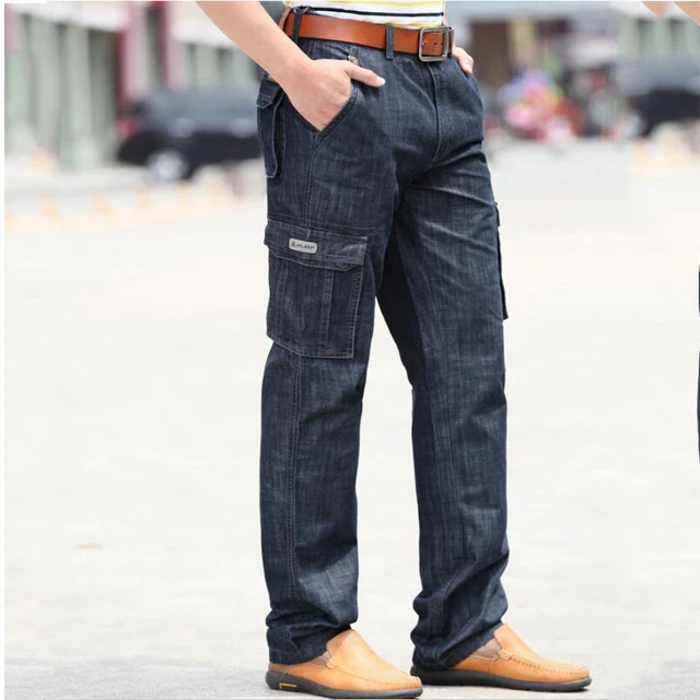 Мужские военные джинсы брюки рабочая одежда с несколькими карманами Карго прямые джинсовые мотоциклетные Брюки повседневные байкерские длинные брюки - Цвет: Black