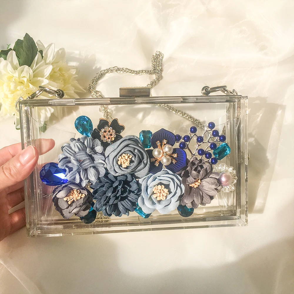 

Evening Bag Original Designer Silver Metal Frame Clear Women Bags Flowers Chains Pearls Floral Lady Day Clutches Christmas Gift
