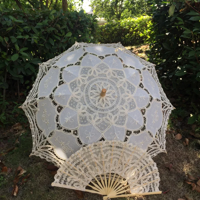 Cotton Battenburg Lace Handmade Lace Parasol and Fan Set Lolita Gothic Party Decoration Men's Umbrella Gifts Hand Fan
