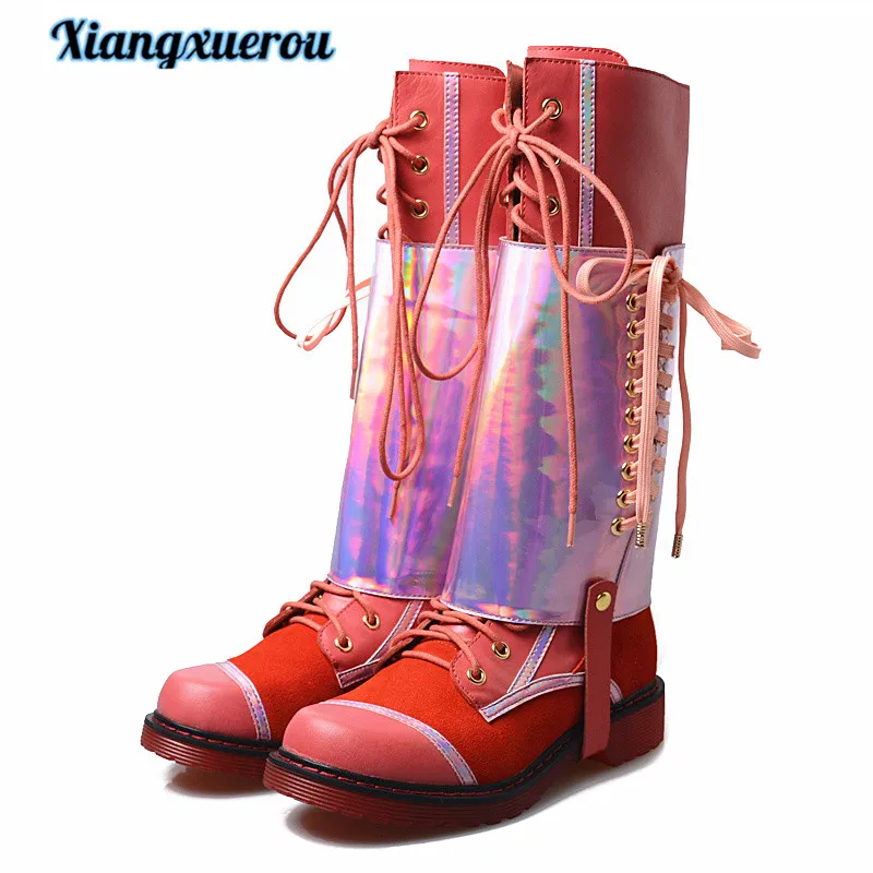 

Xiangxuerou Winter 2018 calfskin flat bottom with calf sole leisure lacing high barrel-length rider boots Martin boots
