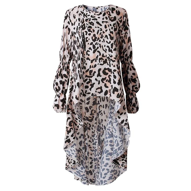 Women's Sexy Leopard Printing Dress 2019 Autumn Long Sleeve O-Neck Irregular Dresses Lantern Sleeve Female Casual Dress Vestidos