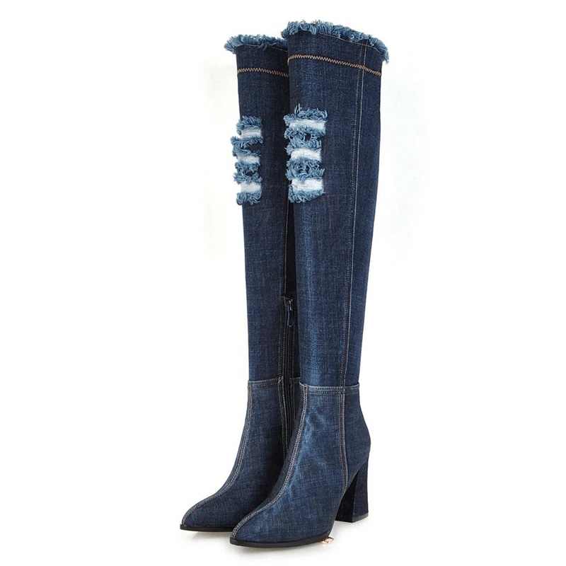 ASILETO/женские джинсовые сапоги; пикантные Сапоги выше колена; обувь на высоком каблуке; женские облегающие высокие сапоги; осенние джинсовые сапоги в западном стиле; ботинки - Цвет: Dark blue