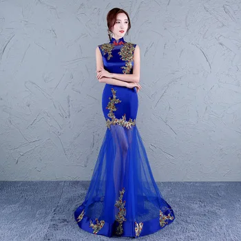 chinese women cheongsam dress traditional chinese wedding gown long oriental blue lace designer  clothing china red