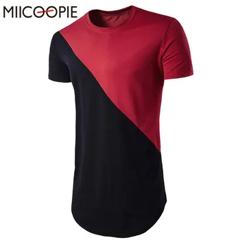 High Street Style Summer Men T-shirt Color Splicing Short Sleeve Cotton Long T Shirt Fashion Slim Men