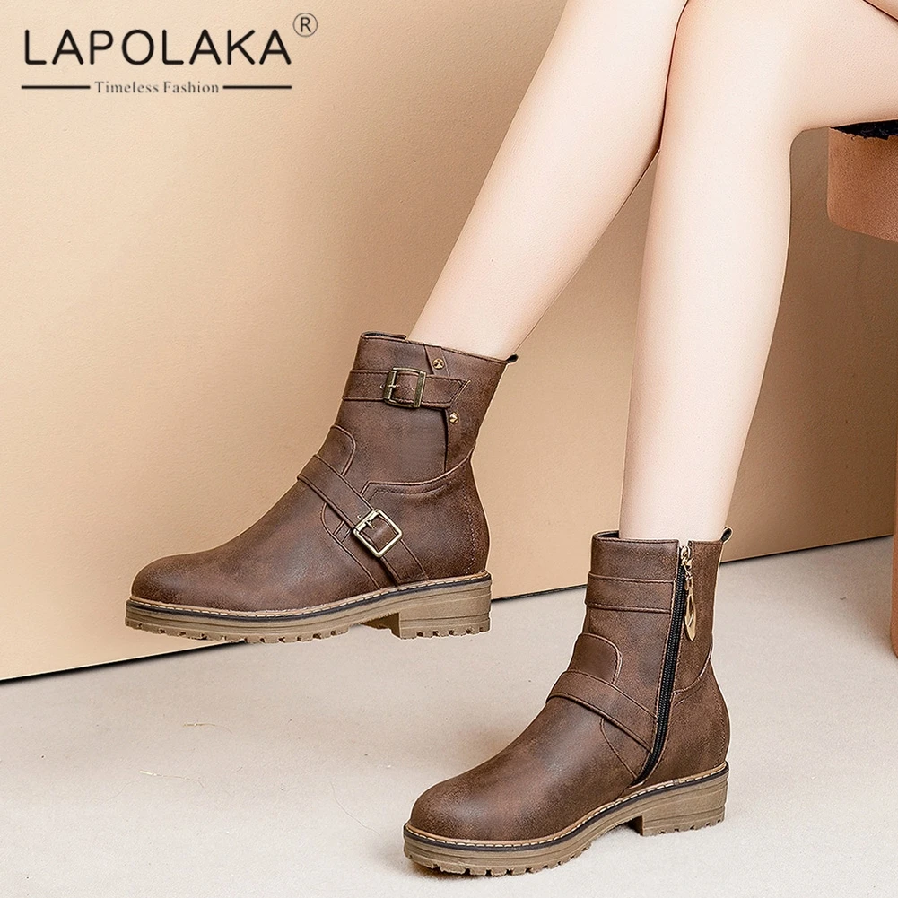 

Lapolaka Motorcycle Boots Woman Retro Wear-resistant TPR Sole Metal Decrations Zipper women's Ankle Boots Woman Size 34-44