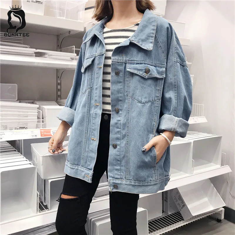Korean BF Style Solid Color Denim Jacket Women Loose Long Sleeve Casual Pockets Single Breasted