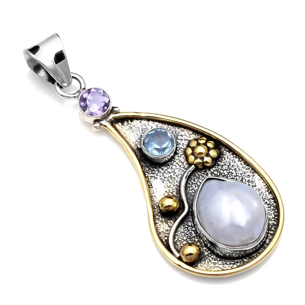 

Genuine Biwa Pearl + Blue Topaz Pendant 925 Sterling Silver, 54 mm, 2SP0389