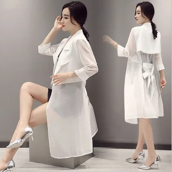 

Casacos Femininos Korean Cape Women Thin Slim Solid Turn-down Collar Three Quarter Sleeve Chiffon Long Cardigans Trench Coat