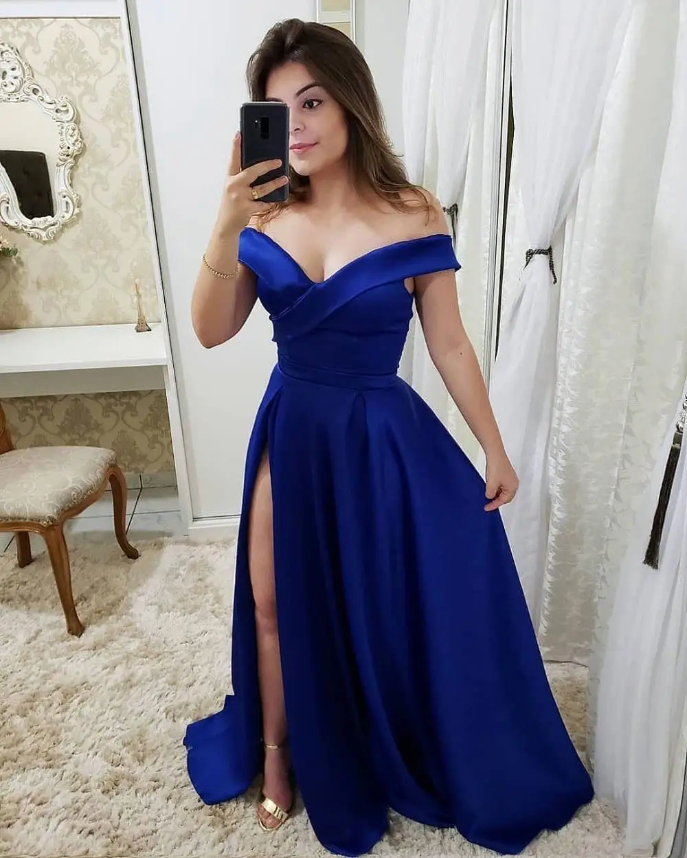 

Abendkleider 2019 Sexy Slit V-Neck Evening Dress Long Off the Shoulder Royal Blue Dress Formal Party Satin Evening Gowns