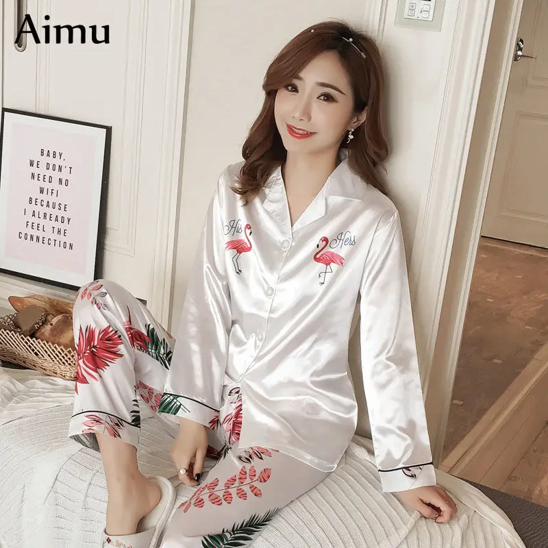 

Women Pajamas Elegant Silk Satin 2 Piece Pyjamas Set spring long sleeve Sleepwear Lounge Pyjamas Ladies print lovely Pajama Suit