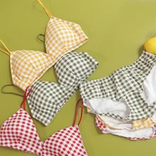 Хлопковый бюстгальтер без косточек в японском стиле; клетчатое нижнее белье с треугольными чашечками; беспроводное комфортное женское белье; бюстгальтеры с глубоким вырезом в стиле ретро; женское нижнее белье