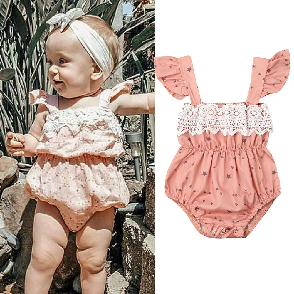 Newborn Infant Baby Girls 0 24M Bodysuits Ruffles Sleeve Stars Print Pink Jumpsuits 1Pcs Outfit