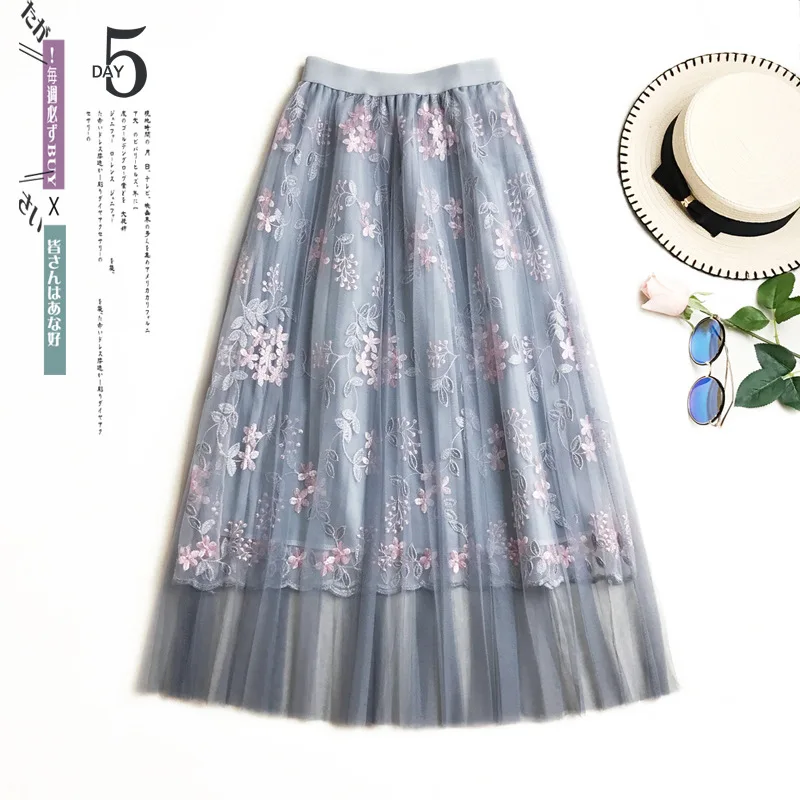 

Fashion Pleated Tulle Skirt Midi Floral Embroidered Long Skirt Party Flower Women's Skirts Elegant Korean faldas mujer moda 2019
