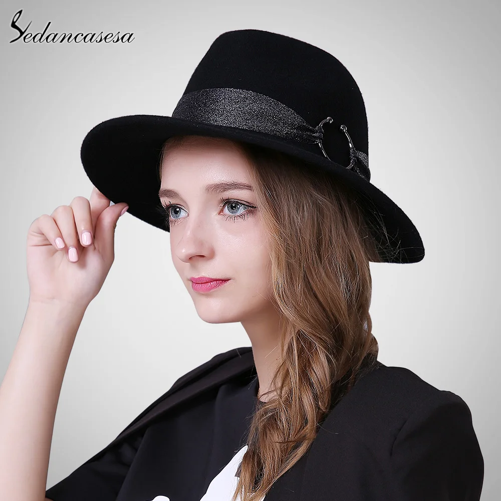 Sedancasesa New Fedora Hat Female Winter Autumn England Wool Felt Hat