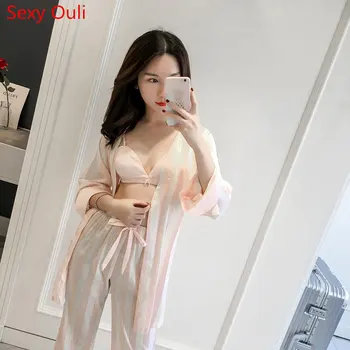 

New Pyjamas Women Silk Pyjama Femme Sleepwear Sets Pijama Sexy Faux Silk Floral 4 Pieces Home Clothes