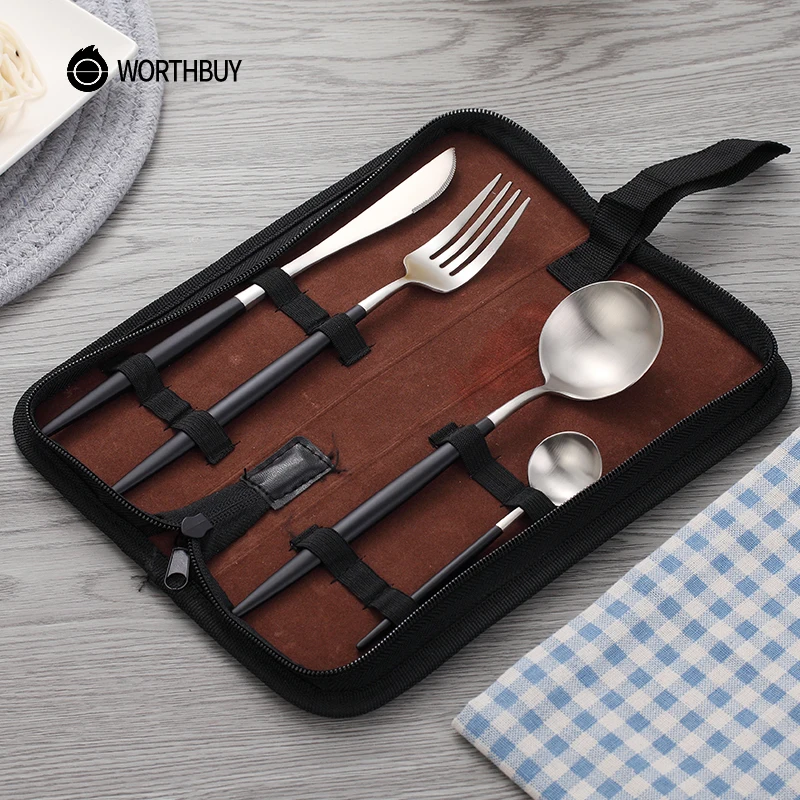 

WORTHBUY 4 Pcs/Set Western Cutlery Set With Portable Bag 304 Stainless Steel Travel Tableware Knife Fork Spoon Dinner Set