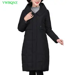 Новая куртка осень-зима плюс Размеры Для женщин Свободные утепленная черная с капюшоном хлопковая куртка-пуховик мягкий Для женщин