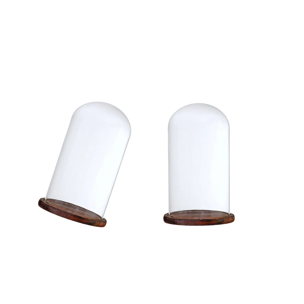 2Pcs 12x22cm Clear Glass Dome with Wooden Base for Home Wedding Party Centerpiece Display Stand DIY Decor ~Brown