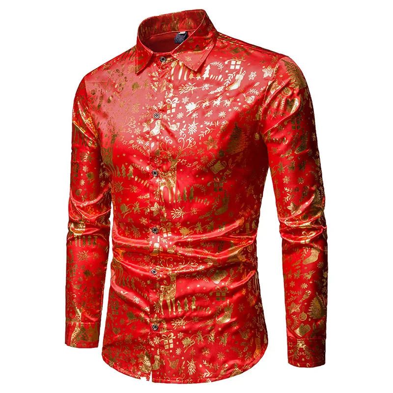 Shirt Men 2019 Spring New Fashion Male Slim Fit Long Sleeve Print Red Dress Shirts Camisa Masculina Christmas Deals S-XXL
