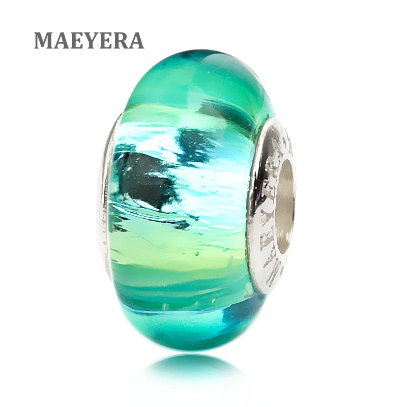 MAEYERA 925 пробы серебро лэмпворк малахитовые бусинки зеленая полоса муранского стекла бусины для европейских браслетов 920218