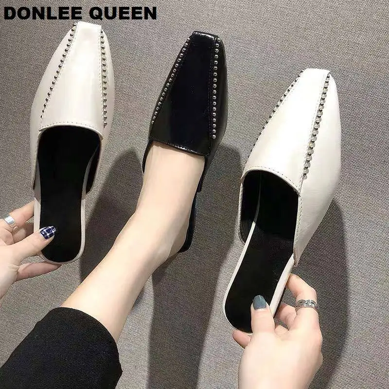 

DONLEE QUEEN Women Flat Slippers Slip On Mule Shoes Rivet Slides Pointed Toe Low Heel Summer Shoes Slippers sandalias mujer 2019