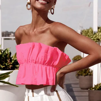 

Hot Women Crop Tube Tops Ruffled Backless Solid Color Strapless Tops for Summer MSK66