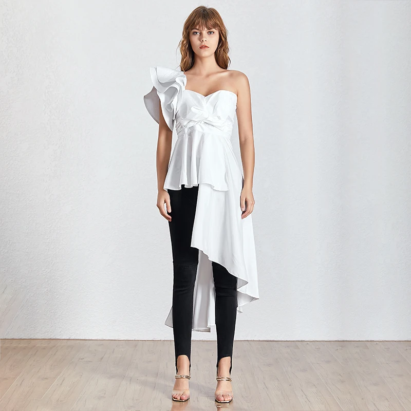 TWOTWINSTYLE модная летняя женская рубашка с бантом, асимметричный воротник, открытая спина, с открытыми плечами, однотонная блузка, Топ для женщин, новинка - Цвет: white