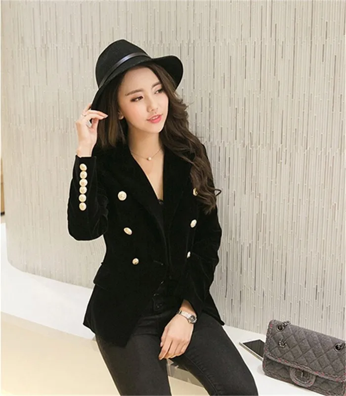 2016 New Spring Fashion Women Midnight Navy Slim Velvet Blazer Jacket Double Breasted simple Lady Blazers (22)
