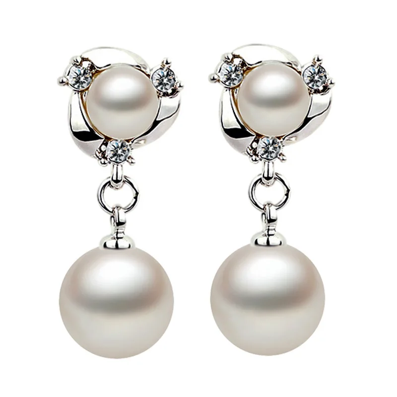 

New Fashion Womens Silver Plated Pearl Jewelry Brincos Crystal Pendant Zircon Earrings With Pearls Ball Drop Earrings