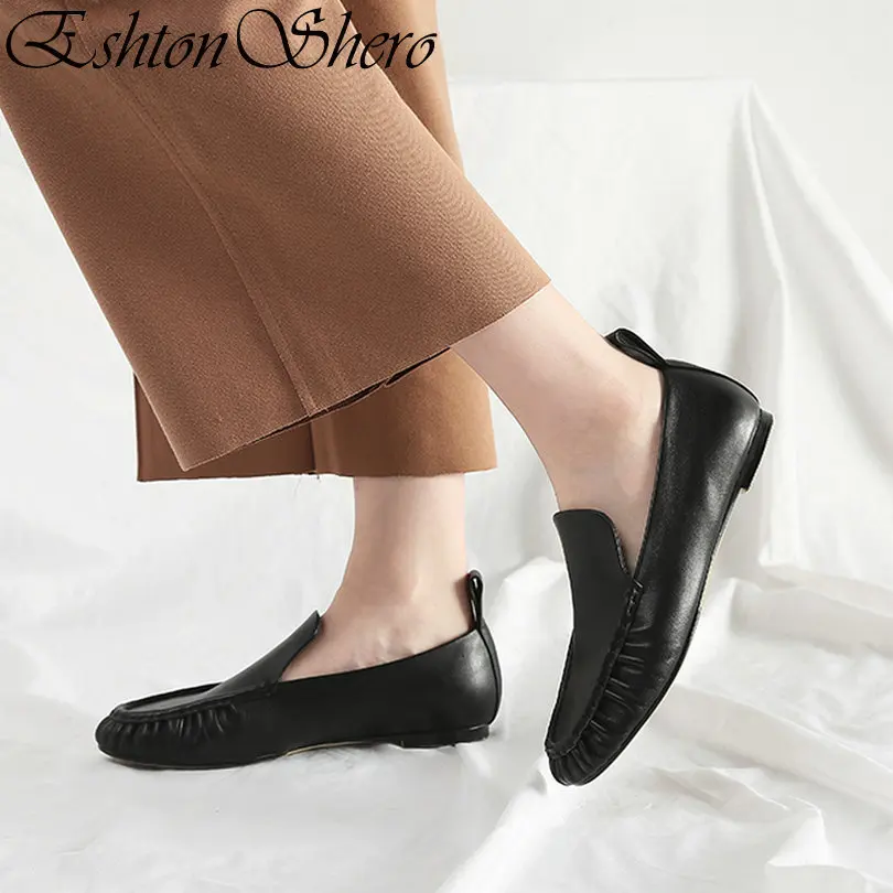 

EshtonShero Women's Boat Shoes Flats Genuine Leather+PU Flat Heels Pointed Toe White Basic Casual Ladies Wedding Shoes Size 3-8