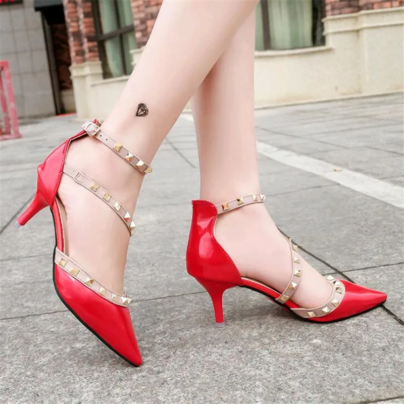 Sexy Pointed Toe Heels Sandals Woman Shoes Summer Rivet Kitten Heel Gladiator Sandals Women Red Beige Yellow 6cm