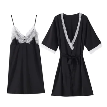 

Women Faux Sik Kimono Gown Wedding Bride Sexy Lace Trim Robe Set Summer Satin 2PCS Sleep Suit Lounge Sleepwear Flower Pajama