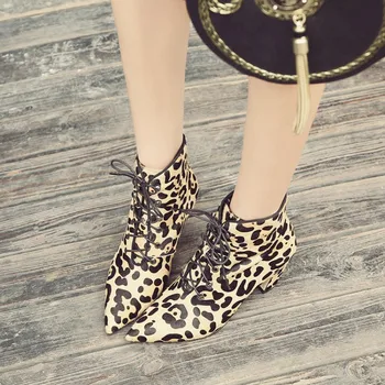 

GPOKHDS 2019 women ankle boots horsehair autumn spring leopard color lace up pointed toe high heels soft boots