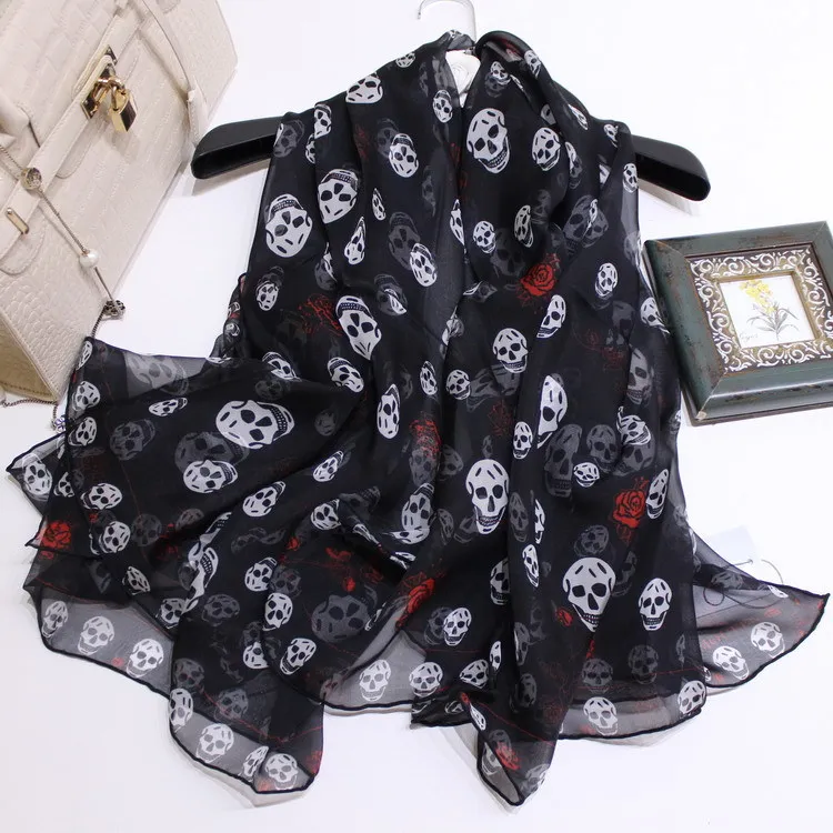 

Rose Skull Head Scarf Sunscreen Women Pure Silk Chiffon Scarves Large Square 140*140cm Female Shawls Wraps