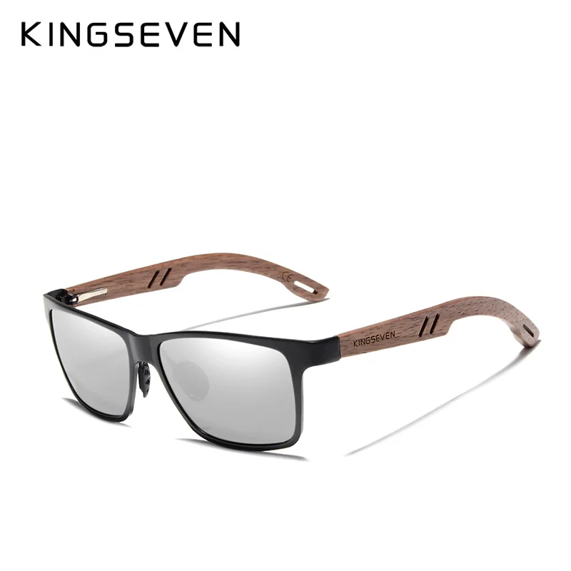 KINGSEVEN, дизайн, алюминиевые+ ореховые деревянные солнцезащитные очки ручной работы, мужские поляризованные очки, аксессуары, солнцезащитные очки для женщин - Цвет линз: silver Walnut Wood