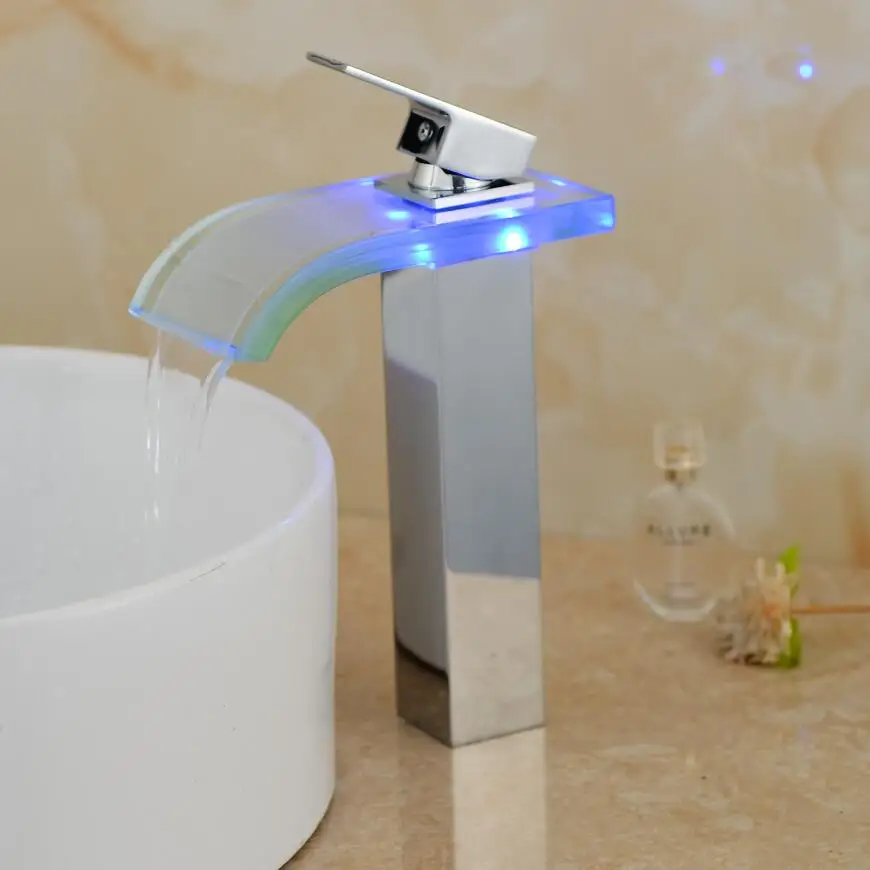 Robinet Salle De Bain Стекло водопад кран Led Цвет изменение Ванная комната смесителя крепление на платформу смесители для раковины краны