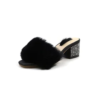 

2018 fashion women's slippers high quality real rabbit fur upper leather lining 6.5CM high heel comfortable female slippers