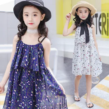

girls summer dresses 2019 kids dresses for girls sleevelesss chiffon girls beach dresses floral printed suspender girls costume