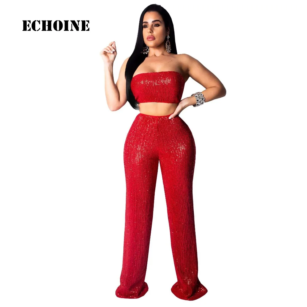 

2019 New Summer Women 2 Piece Set Strapless Sequin Sexy Club Outfit Crop Top and Pants Wide Leg Elegant Sequined Party Pants Set