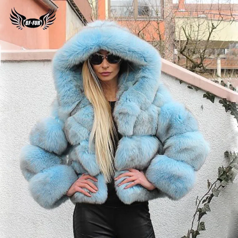 Куртка с натуральным лисьим мехом, полностью из кожи, с меховым капюшоном, высокое качество, толстая, теплая, Befree, на заказ, зимняя женская парка с натуральным мехом - Цвет: Sky Blue